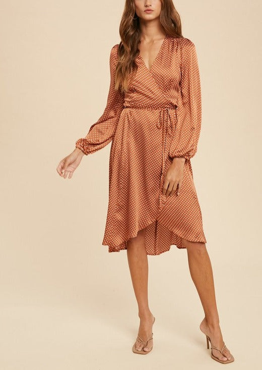 Satin polka dot clearance frill detail midi dress