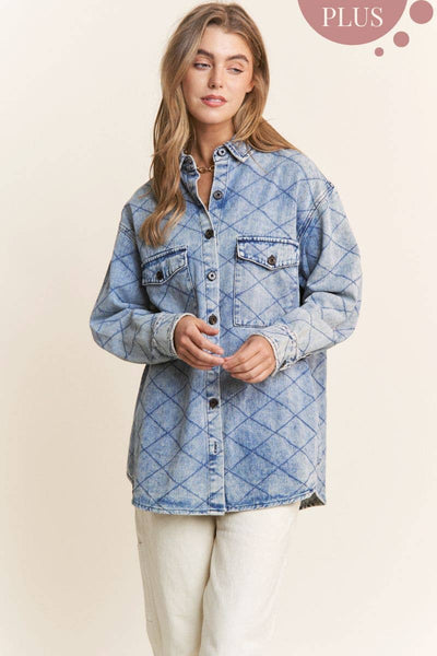 Plus Size Denim Quilt Stitch Jacket/Shacket