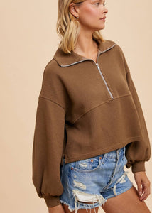 Cotton Waffle Half Zip Top in Latte