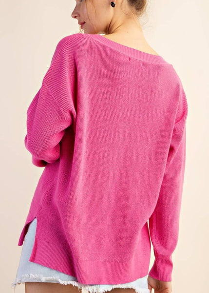 Hot Pink Waffle Texture Lightweight V-neck Sweater