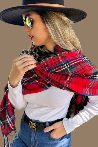 Red Plaid and Leopard Dual-Sided Reversible Poncho