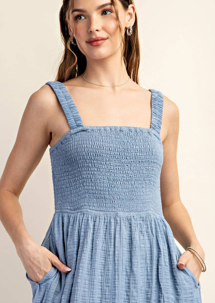 Beach Photo Chambray Crinkled Smocked Midi Dress