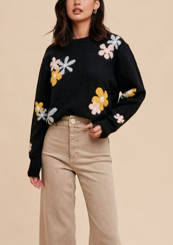 Black Floral Crewneck Sweater