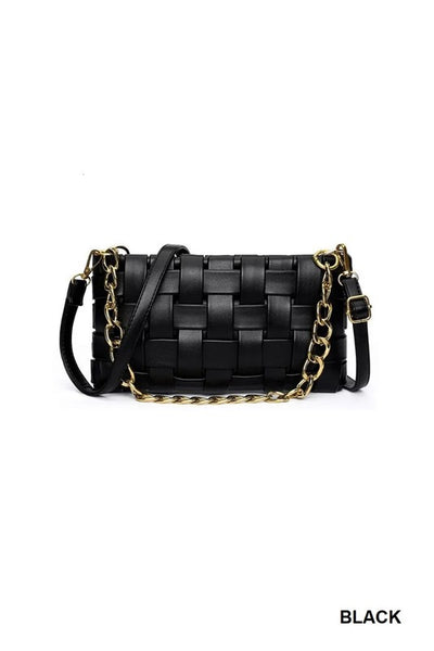 Soft Vegan Leather Woven  Shoulder & Crossbody Bag in Black