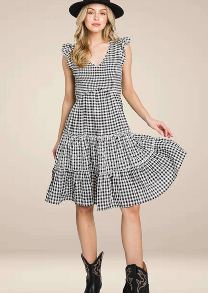 Gingham Smock Dress with Embroidery