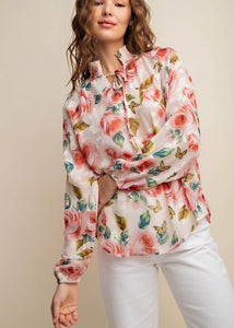 Chiffon Rose Print Smocked Detail Blouse ~FINAL SALE