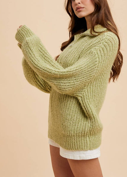 Soft and Chunky Quarter Zip Sweater in Pistachio