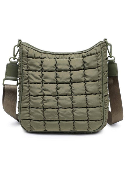 Quilted Nylon Puffer Crossbody in Olive