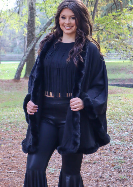 Lubbock Faux Fur Trim Poncho - Black