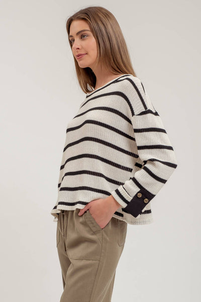 Black Striped Relaxed 3/4 Cuffed Sleeve Knit Top