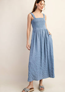 Beach Photo Chambray Crinkled Smocked Midi Dress