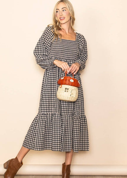 Black and White Gingham Smocked Chest Midi Dress