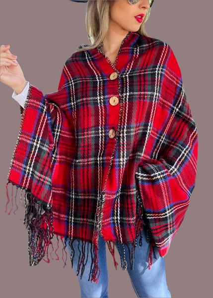 Red Plaid and Leopard Dual-Sided Reversible Poncho