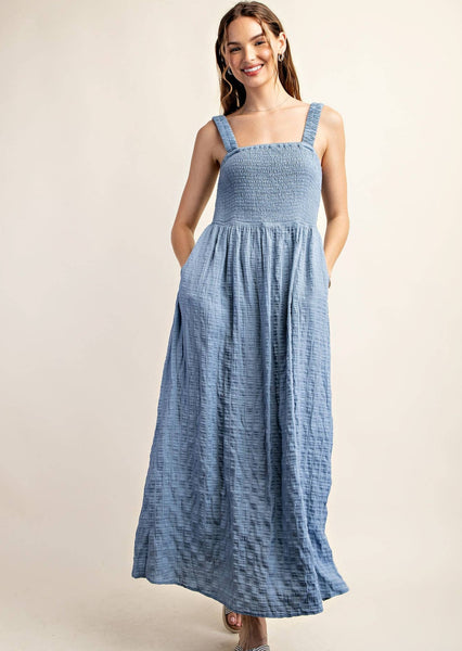 Beach Photo Chambray Crinkled Smocked Midi Dress