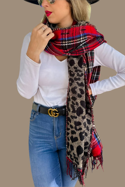 Red Plaid and Leopard Dual-Sided Reversible Poncho