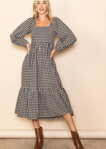 Black and White Gingham Smocked Chest Midi Dress