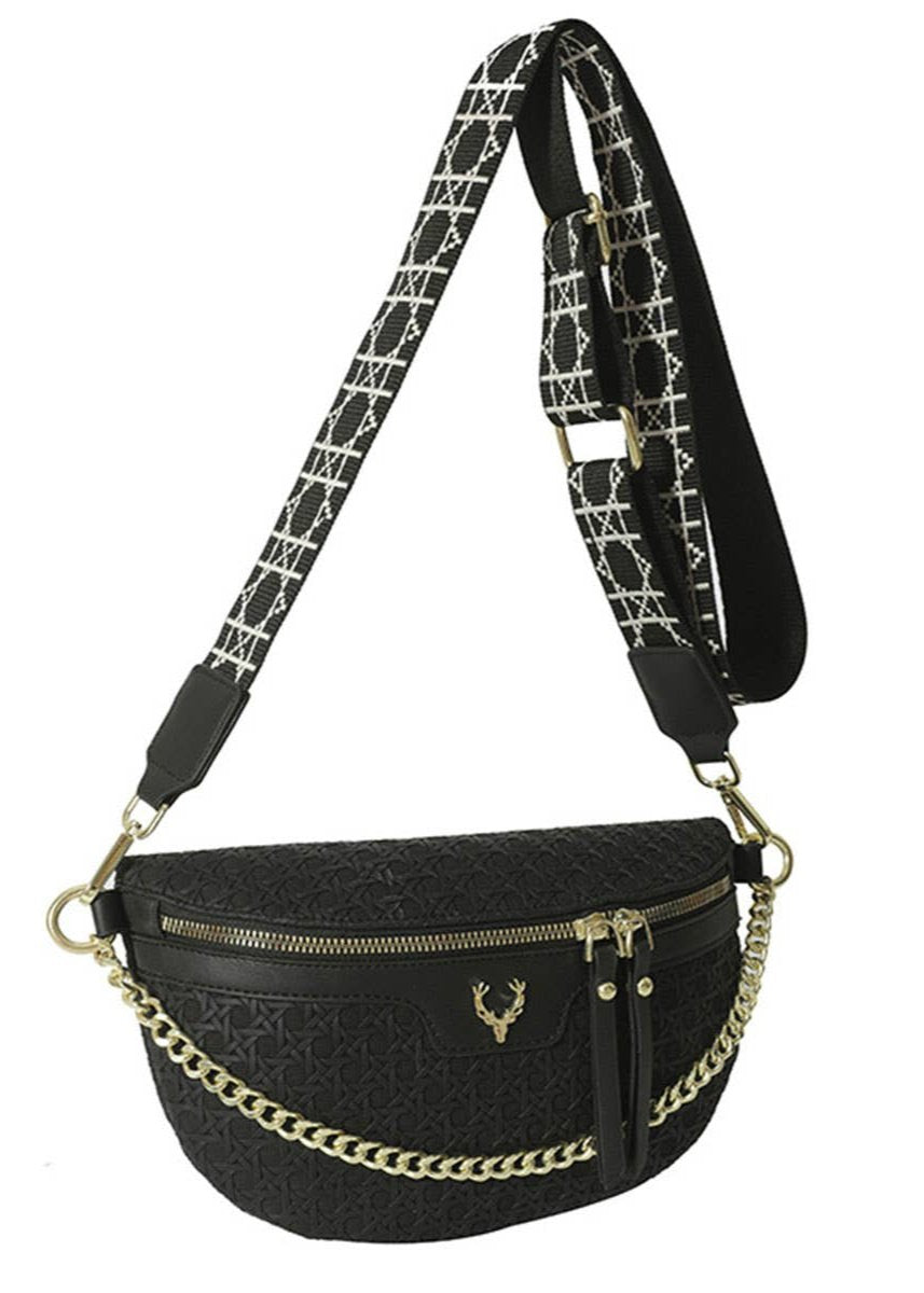 Oh Deer Faux Woven Cross Body Sling Bag in Black