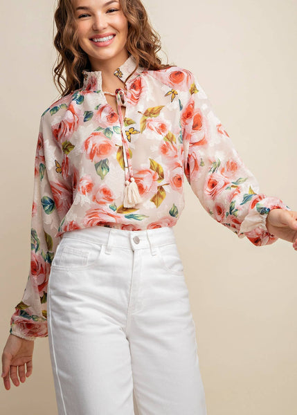 Chiffon Rose Print Smocked Detail Blouse ~FINAL SALE