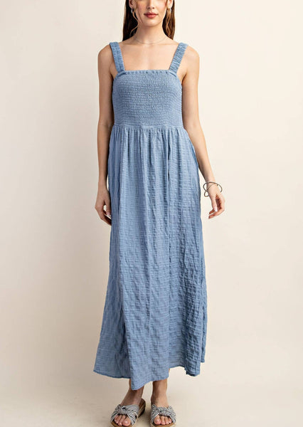 Beach Photo Chambray Crinkled Smocked Midi Dress