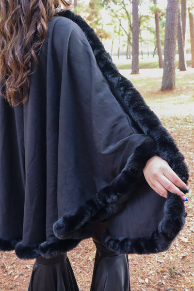 Lubbock Faux Fur Trim Poncho - Black