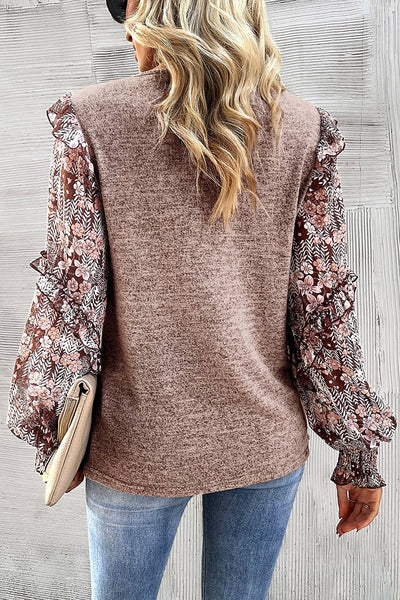 Floral Ruffle Tiered Sleeve Blouse in Pale Chestnut