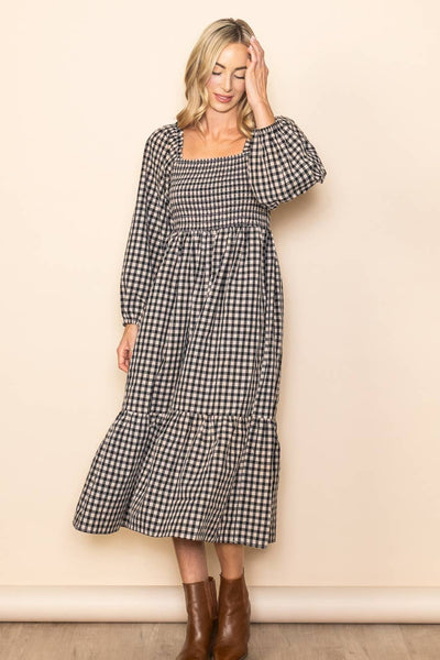 Black and White Gingham Smocked Chest Midi Dress