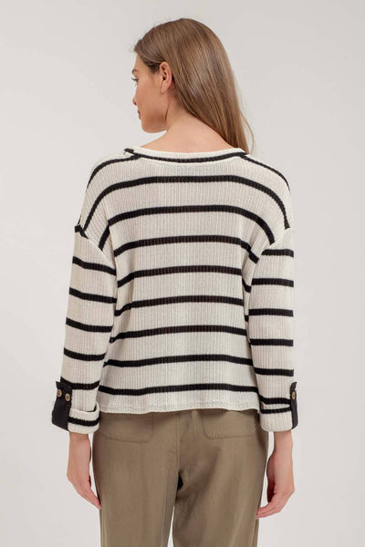 Black Striped Relaxed 3/4 Cuffed Sleeve Knit Top