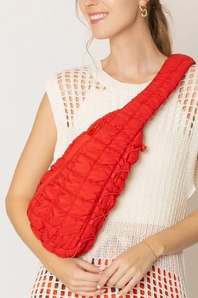 Quilted Puffer Sling Bag in Red