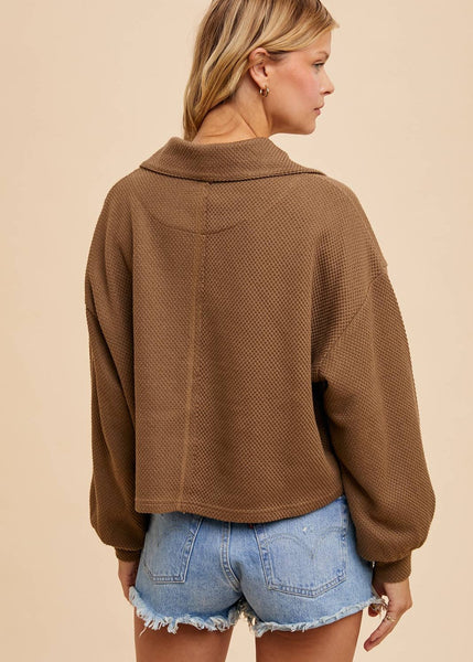 Cotton Waffle Half Zip Top in Latte