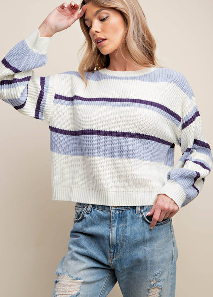 Trendy Crewneck Striped Cropped Sweater