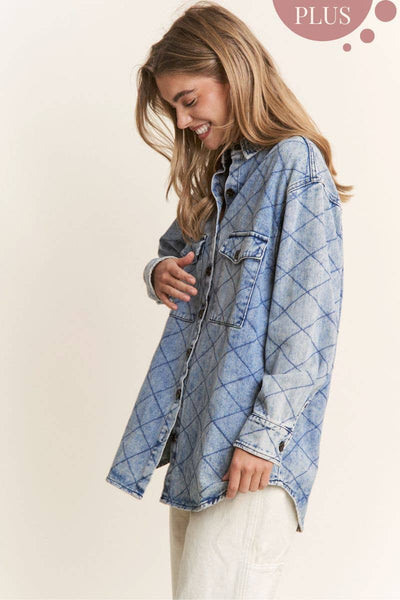 Plus Size Denim Quilt Stitch Jacket/Shacket