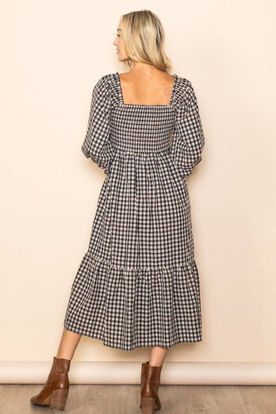 Black and White Gingham Smocked Chest Midi Dress