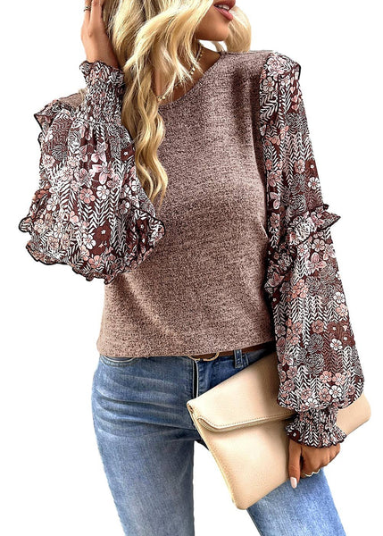 Floral Ruffle Tiered Sleeve Blouse in Pale Chestnut