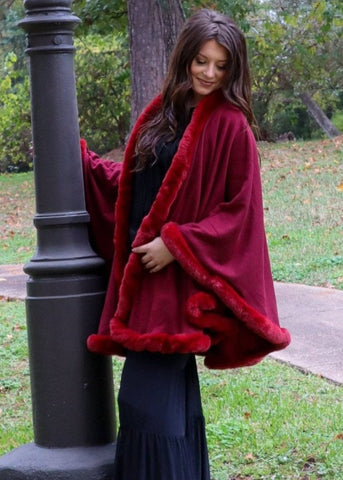 Lubbock Faux Fur Trim Poncho - Wine