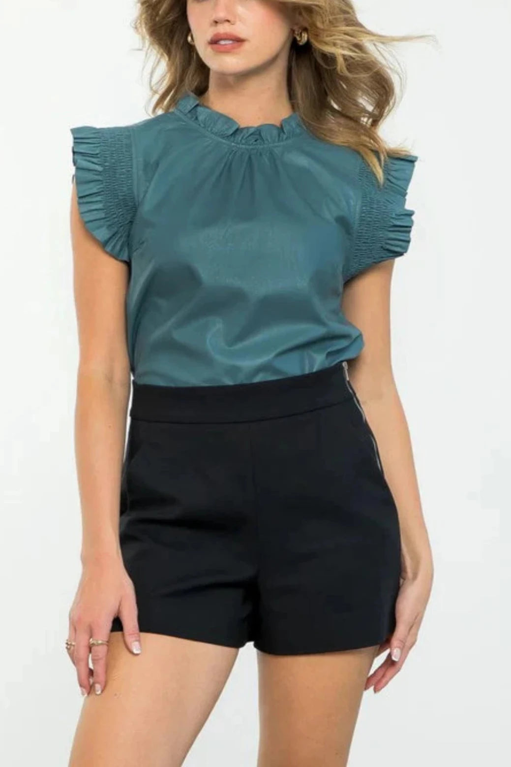 Ruffled Vegan Leather Top in Teal Blue