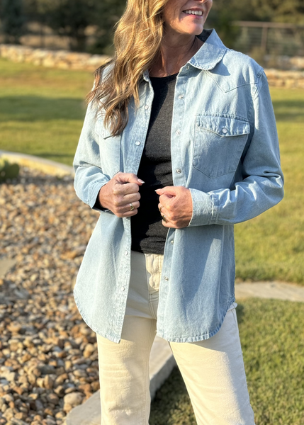 Desert Vibes Embroidered Pearl Snap Denim Shirt