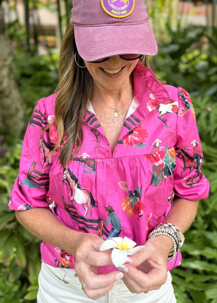 Western Print Pink Ruffle Collar Blouse