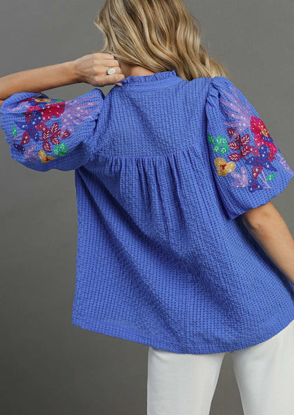 Checkered Seersucker Bubble Sleeve Embroidery Top