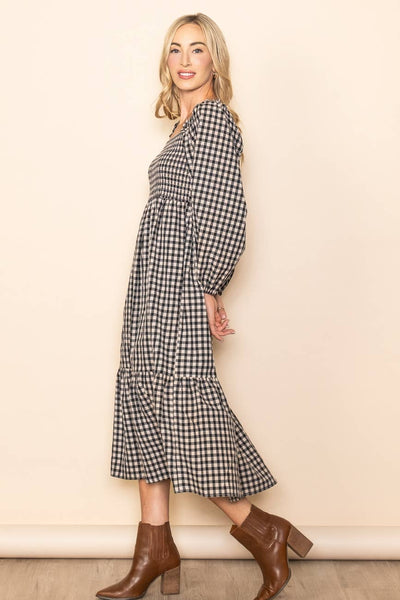 Black and White Gingham Smocked Chest Midi Dress