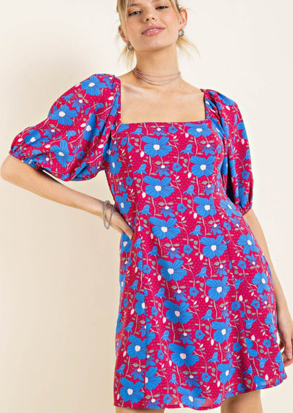 Floral Print Puff Sleeve Smocked Dress with Pockets