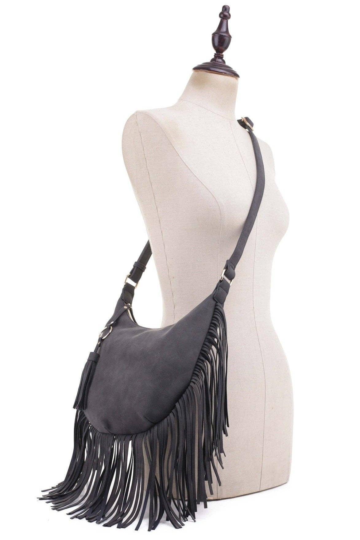 Soft Vegan Leather Fringe HOBO/Crossbody Bag With Tassel in Black