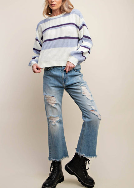 Trendy Crewneck Striped Cropped Sweater