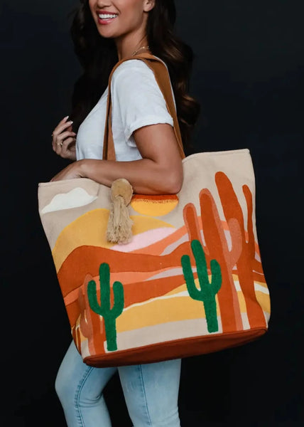 Desert Scene Tote Bag with Pom Tassel