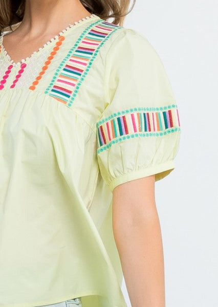 THML Pale Yellow Embroidered Puff Sleeve Top