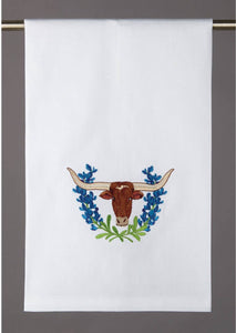 Blue Bonnet Long-Horn Embroidered Kitchen Towel