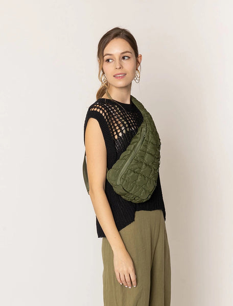 Quilted Puffer Sling Bag in Olive