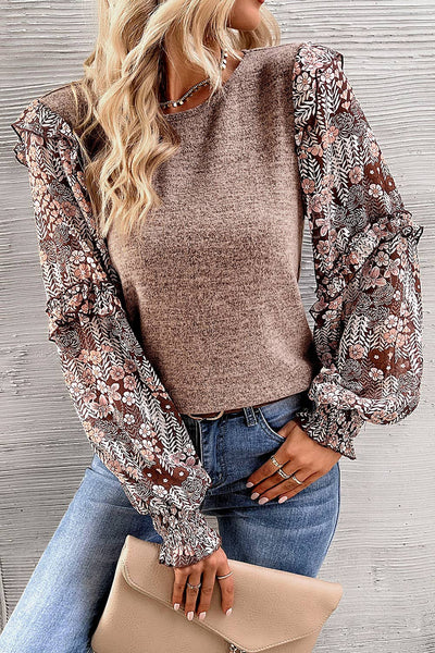 Floral Ruffle Tiered Sleeve Blouse in Pale Chestnut