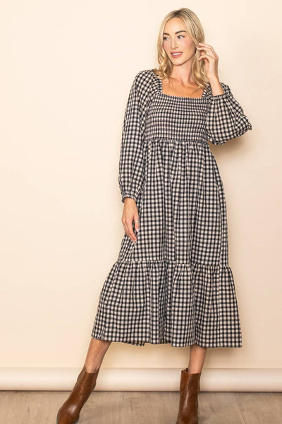 Black and White Gingham Smocked Chest Midi Dress