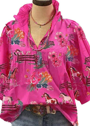 Western Print Pink Ruffle Collar Blouse