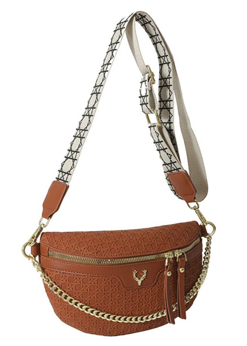 Oh Deer Faux Woven Cross Body Sling Bag in Camel